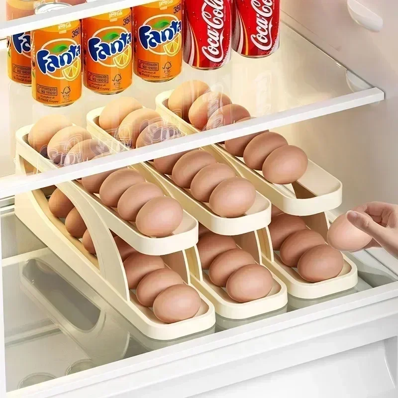 Caja de almacenamiento de huevos para refrigerador, soporte de huevos de desplazamiento automático, estante de almacenamiento de huevos enrollable dedicado para cocina de gran capacidad para el hogar