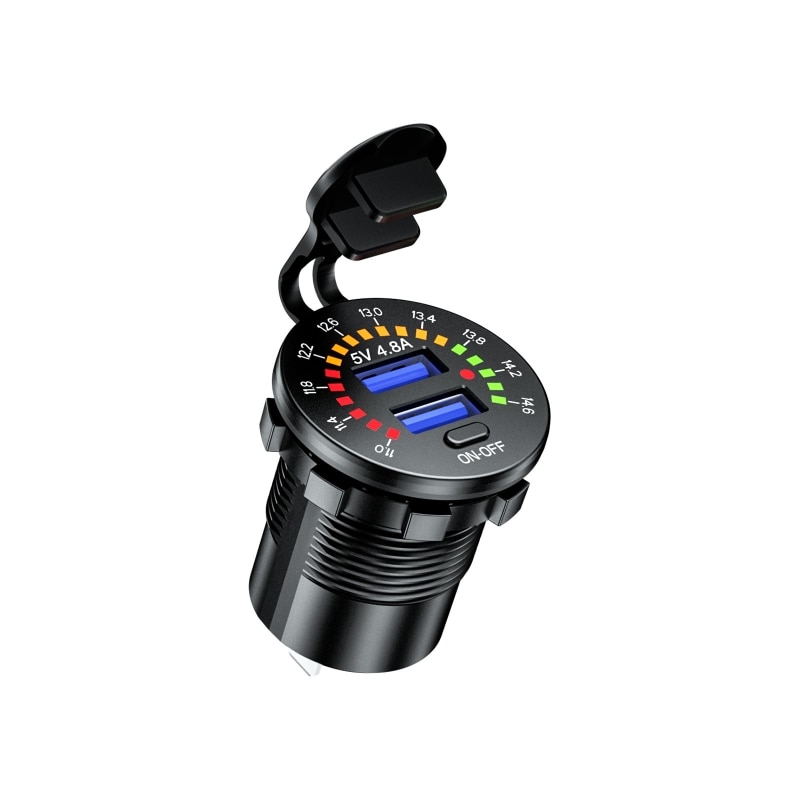 Cargador USB tipo C para coche, dispositivo de carga rápida con voltímetro LED, interruptor de encendido y apagado, 12V, QC3.0