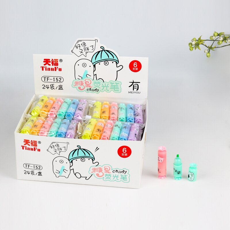 6 stk godteri fluorescerende highlighter assortert neonfarger tekstmarkør fargelegging diy til kontorskoleelever låve