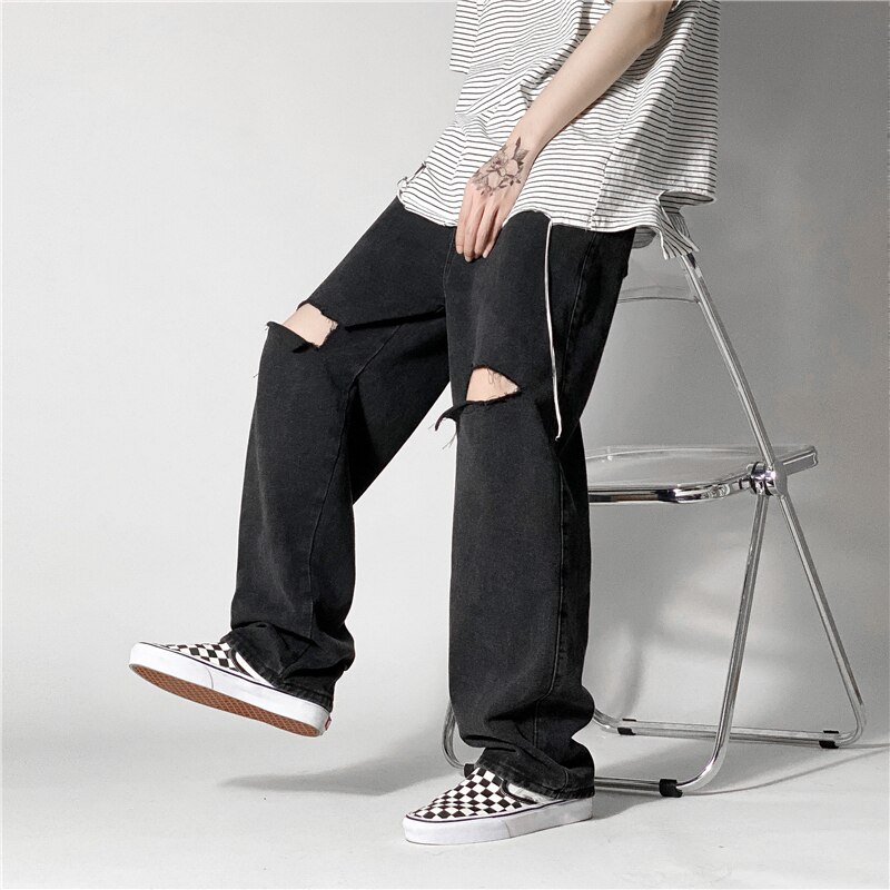 Spring Summer Wide-leg Jeans Men's Casual Ripped Jeans Men Streetwear Loose Hip-hop Hole Straight Denim Trousers Mens