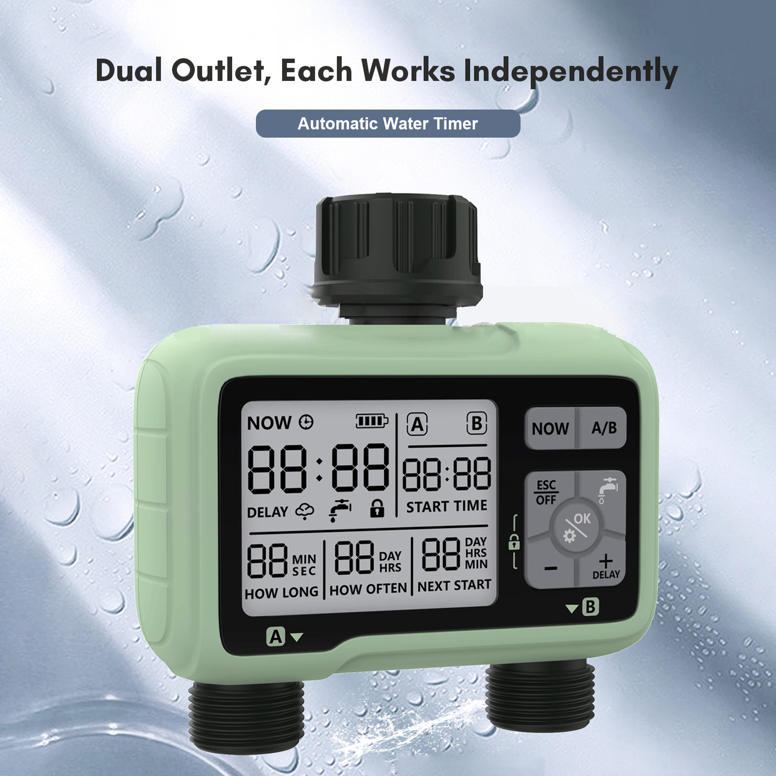 2-Outlet Digital Water Timer IPX5 Waterproof Programmable Garden Sprinkler with LCD Display Automatic plant watering system