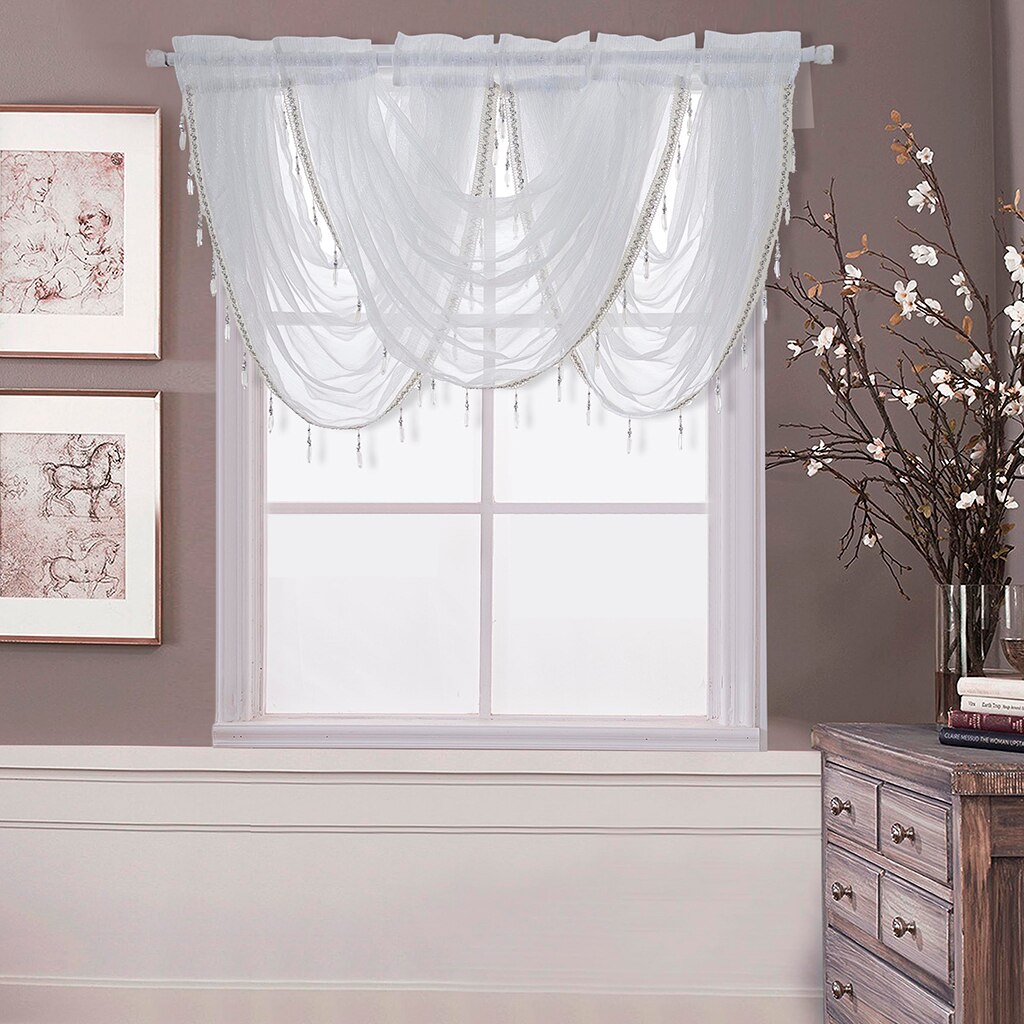 Cortinas de globo con cenefa blanca con flecos de brillo de Línea Plateada para decoración de ventanas, decoración para el hogar y la habitación, adorno para tienda