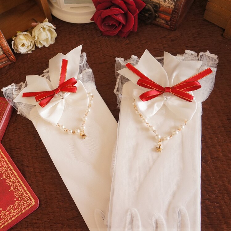 Gants en dentelle pour filles, magnifique collier de perles, cœur Lolita, maille, nœud perlé: Red