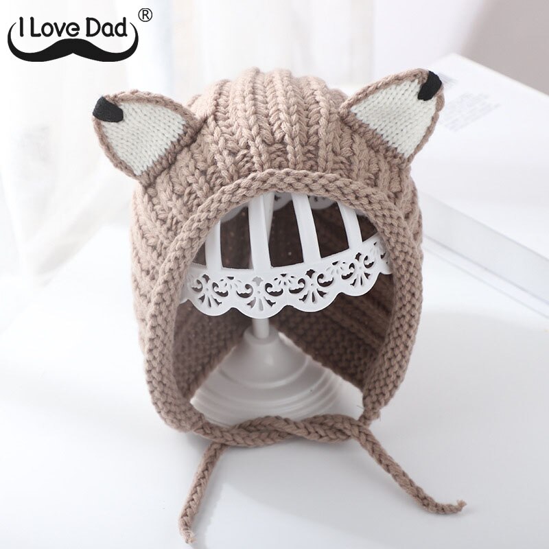 Cartoon Oren Baby Hoed Cap Winter Warm Gebreide Baby Jongens Meisjes Hoed Met Vetersluiting Kids Hoed Motorkap Kinderen Caps Beanie: Khaki