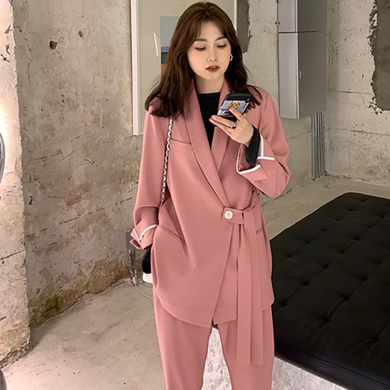 Twee Stuk Grote Size Vrouwen Pak Pak Effen Kleur Mode Herfst Pak