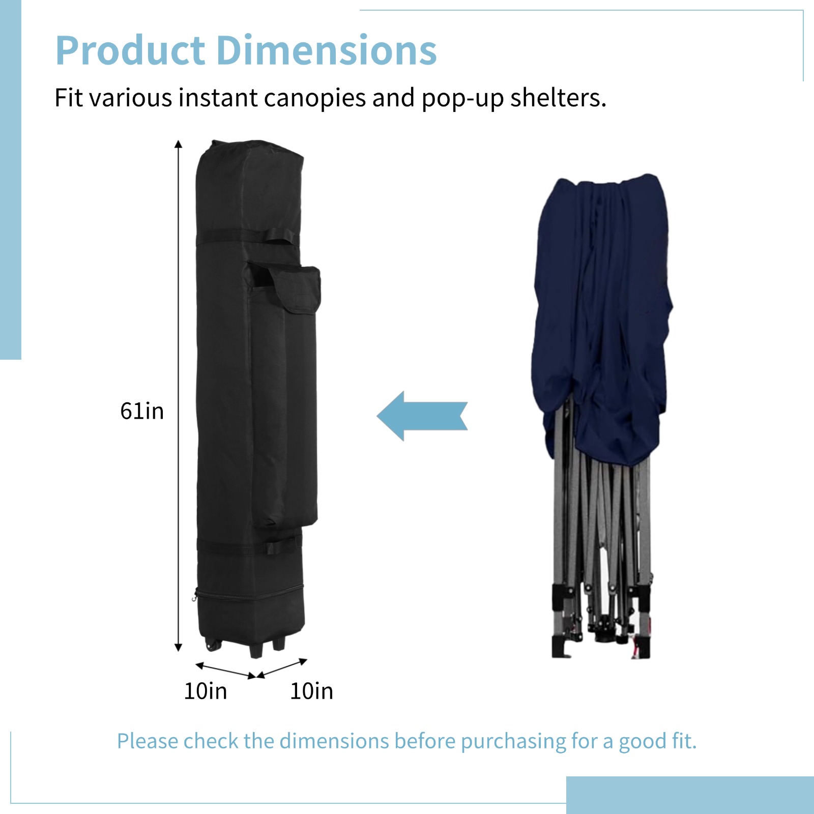 9,4 × 9,4 × 61 cala Uniwersalna torba na rolkę z baldachimem Wodoodporna torba namiotowa z baldachimem 800D Oksford płótno Torba robić przechowywania z baldachimem