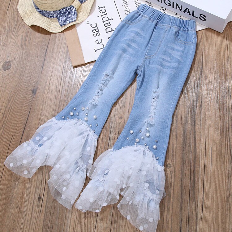 Pantalones de mezclilla para niñas, pantalones de encaje de retales de primavera , pantalones vaqueros para niños, pantalones con volantes para niñas, pantalones de tela vaquera con corte de bota