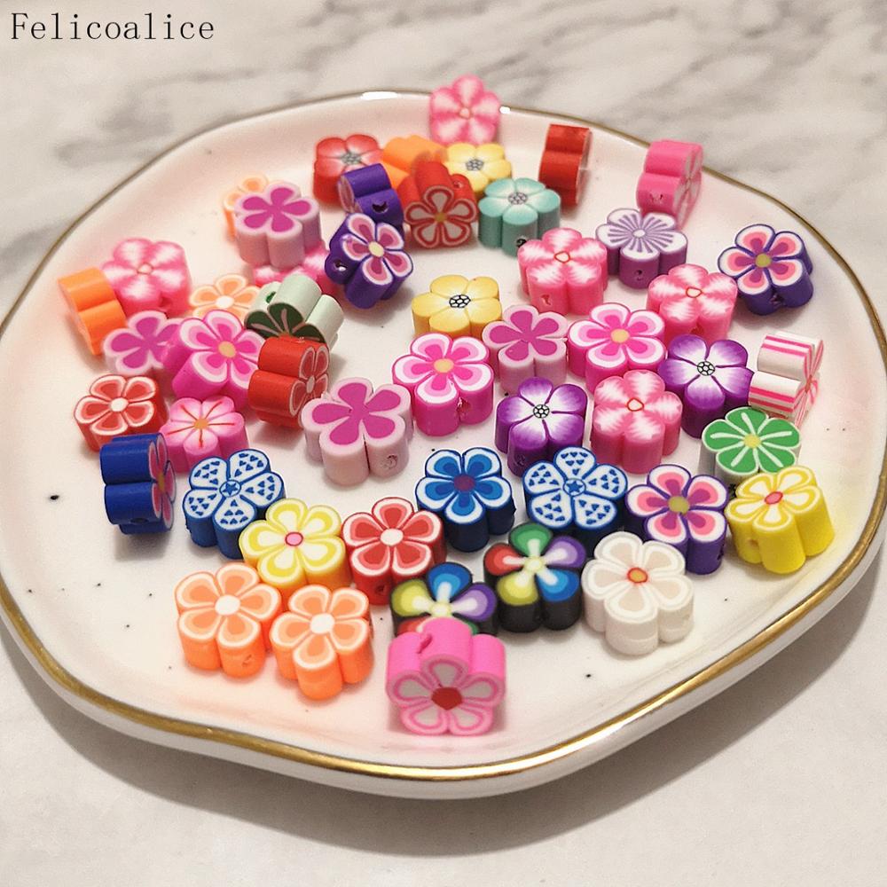 100 pièces Slime bijoux à bricoler soi-même perles Bracelet accessoires perles en bois dessin animé sourire visage fruits avec imprimé pour collier fabrication à la main: 100pcs flower