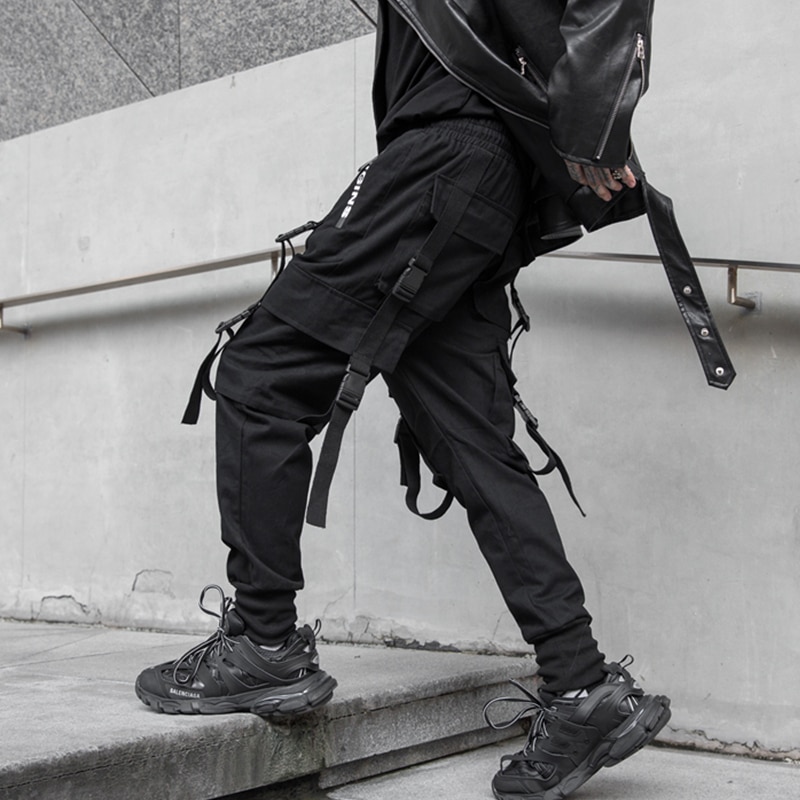¡Novedad! Pantalones de chándal Cargo para hombre con bolsillos y cremallera lateral, cintas de estilo Darkly, pantalones para correr, pantalones largos ajustados a la .