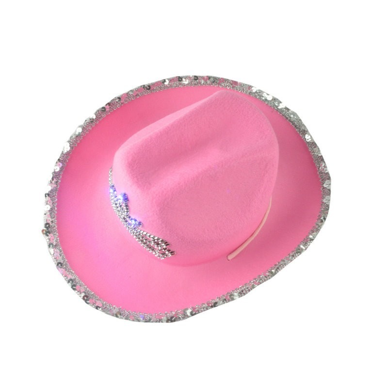 Sombreros de vaquero rosas para mujeres y niñas, sombreros occidentales de ala ancha Y2K, corona brillante, gorros de plumas con lentejuelas, accesorios de disfraz de de vaquera