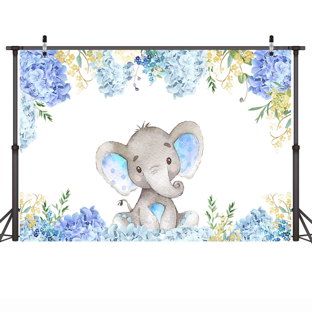 Elephant Theme Photography Backdrop - Blue Floral Baby Shower Birthday Background