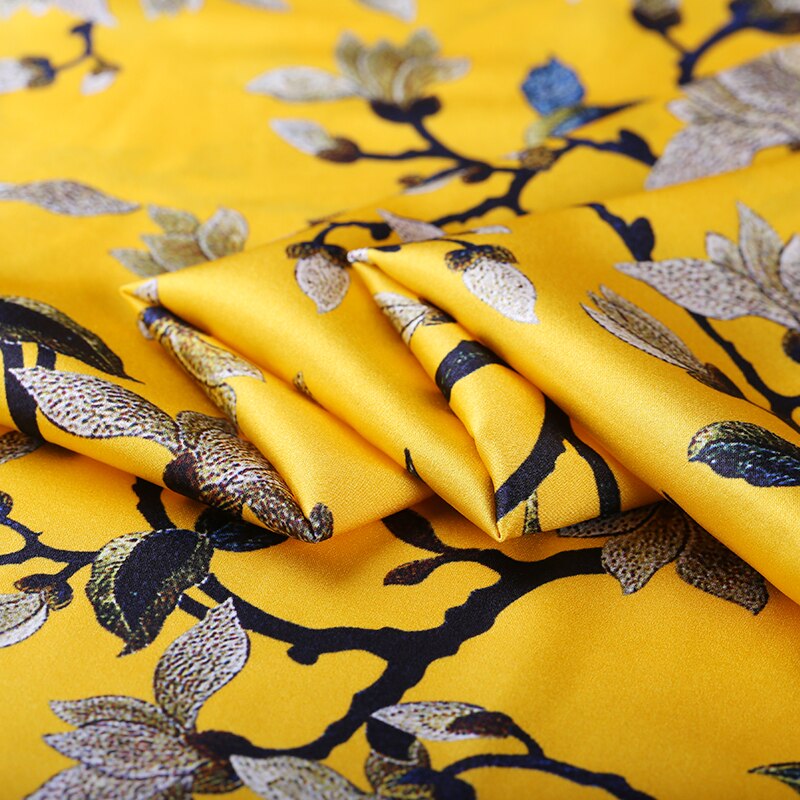 bright yellow floral print real natural silk fabric