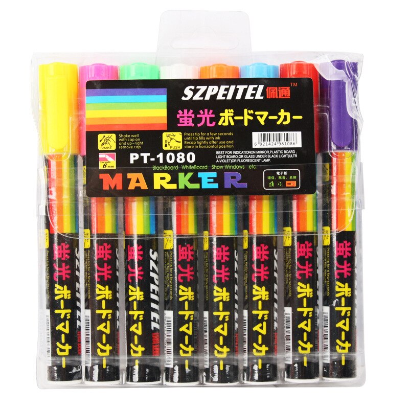 8 väriä 6mm pyyhittävä vino korostuskynäsarja nestemäinen liitu fluoresoiva neon led ikkuna lasi maalikynät valkotaulu tussi