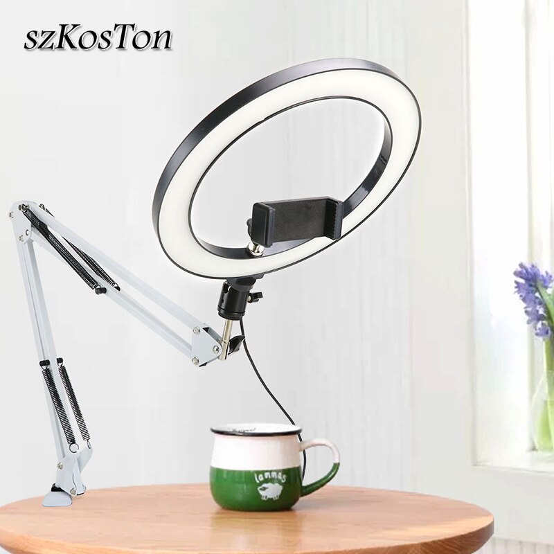 Dimmable LED Selfie Ring Light 3 Color Warm Cold Lamp With Desk Long Arm Phone Holder Stand Photography Light For Photo Studio