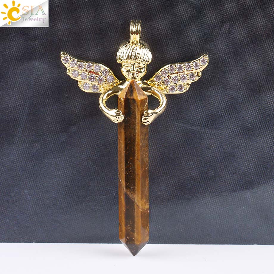 CSJA Gli Uomini e Le Donne Amano Regalo di Cristallo Naturale Gemma di Pietra Lunga Spada Esagonale Prisma Cupido Ali di Angelo Pendenti Con Gemme E Perle per Collane e818: Tiger Eye A