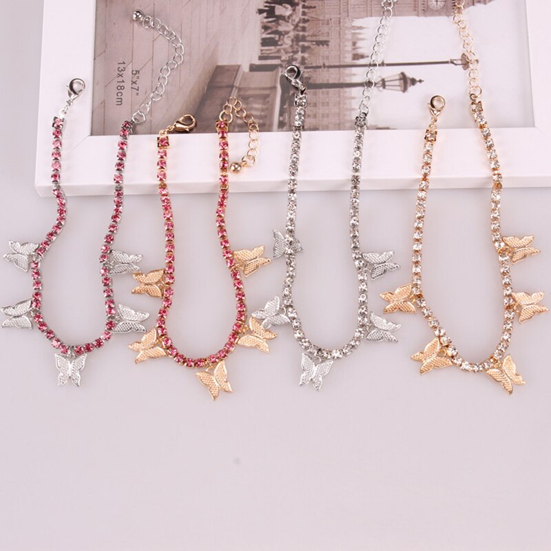 Tobillera de tenis con mariposa y cadena de oro, joyería con diamantes de imitación para mujer, colgante de mariposa y cristal, pulsera para el pie, joyería para mujer