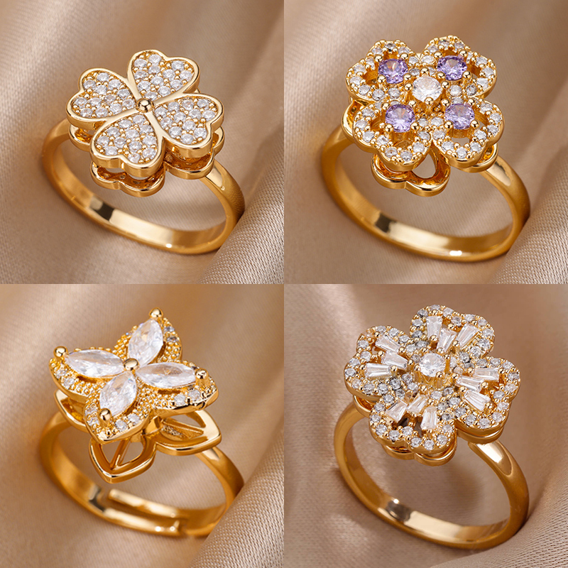Four Clover Rotating Anxiety Rings for Women Gold Color Adjustable Stainless Steel Wedding Ring Aesthetic Jewelry anillos