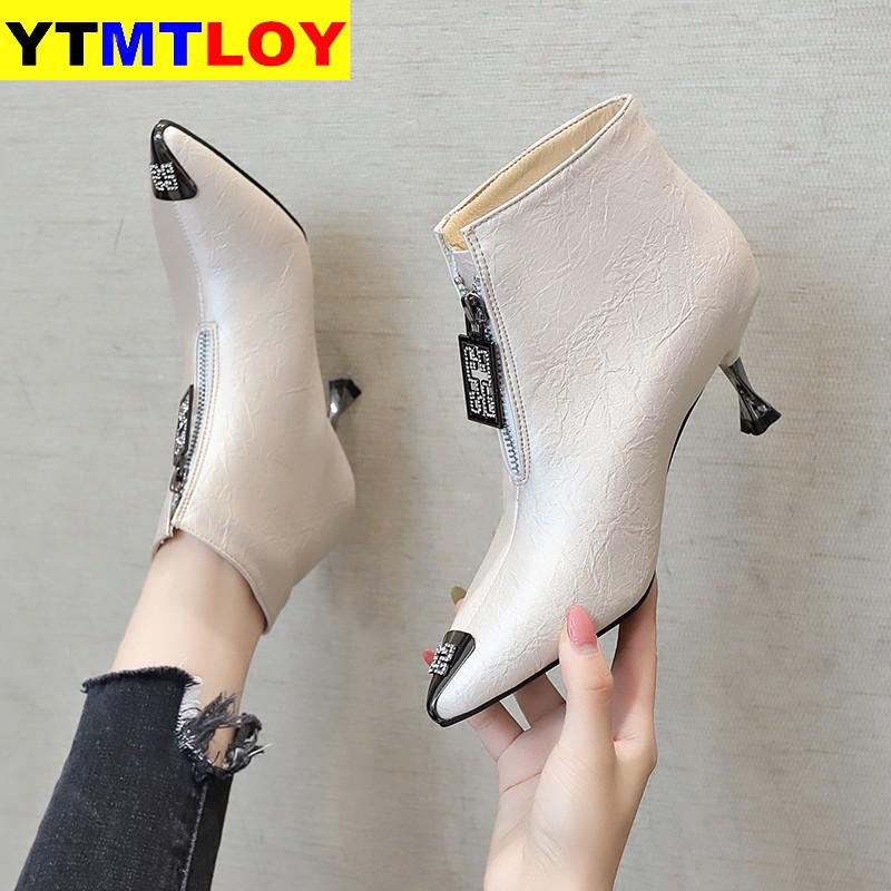 Enkellaarsjes Vrouwelijke Herfst Laarzen Stiletto Hakken Metalen Iron Laarzen Vrouwelijke Winter Plus Fluwelen Size 34-39