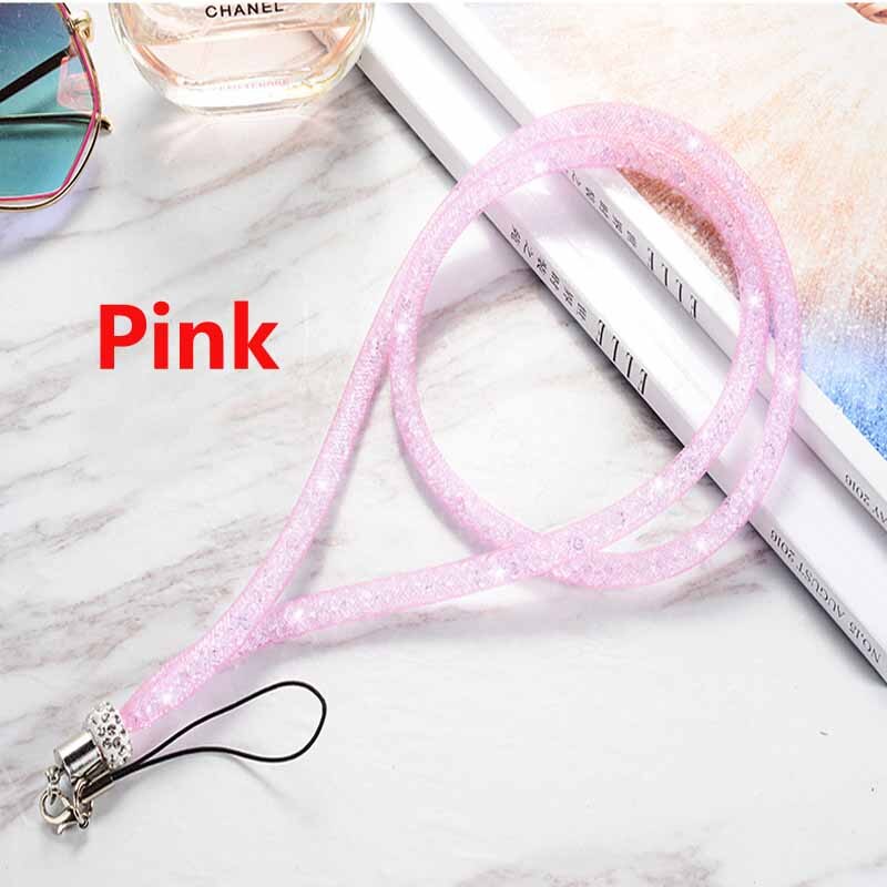 Long Rhinestone fishing net lanyard flash drill mobile phone hanging neck rope crystal diamond fishing net lanyard hanging: Pink