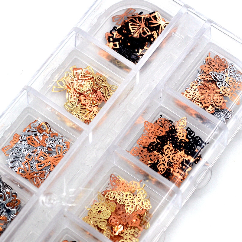 Mix 3 Kleuren 4 Vormen Strikjes Vlinder Bloem Fee Metalen Sequin Nail Art Rhinestones Slice Decoraties DIY Salon Tip7 #