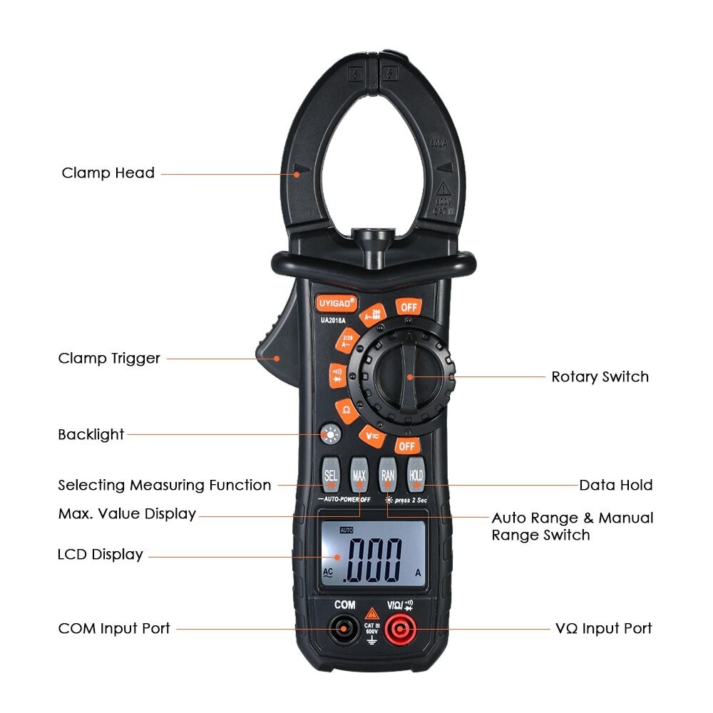 Handheld Digital Clamp Meter 1999 Counts Auto Range Multimeter Measuring Voltage Current Resistance Continuity Diode Tester LCD