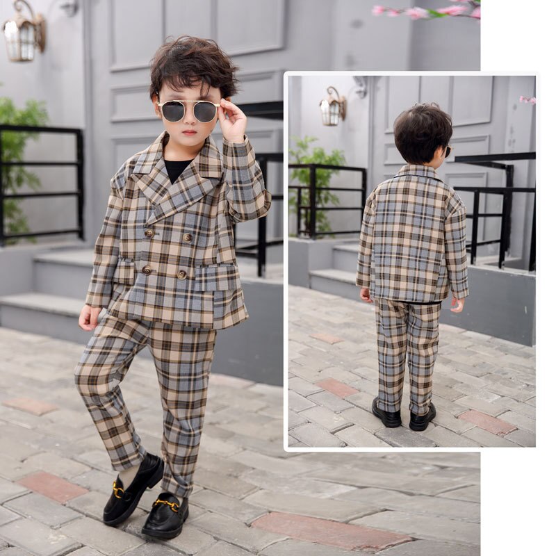 3-11y blazer per pantaloni per bambini 2 pezzi set autunno primavera ragazzi giacche per abiti Casual Plaid doppio petto abiti da sposa per bambini H78