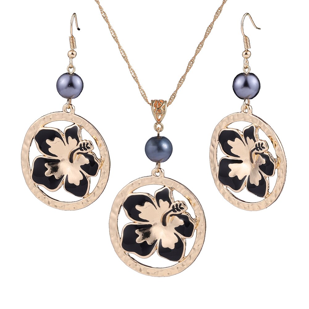 Cring Coco Mode Hibiscus Bloemen Sieraden Set Vrouwen Hawaiian Polynesische Vergulde Ketting Oorbellen Set