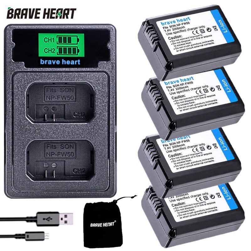4Pcs 2000mAh NP-FW50 NP FW50 Battery + LED USB Dual Charger for Sony Alpha a6500 a6300 a7 7R a7R a7R II a7II NEX-3 NEX-3N NEX-5: charger and 4battery