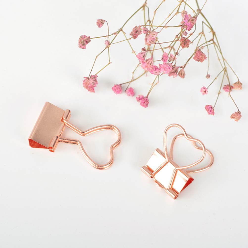 12PCS Heart Shape Binder Clips Skeleton alloy Paper Clips Foldback File Clips School Office Stationery Supplies (Rose Gold)