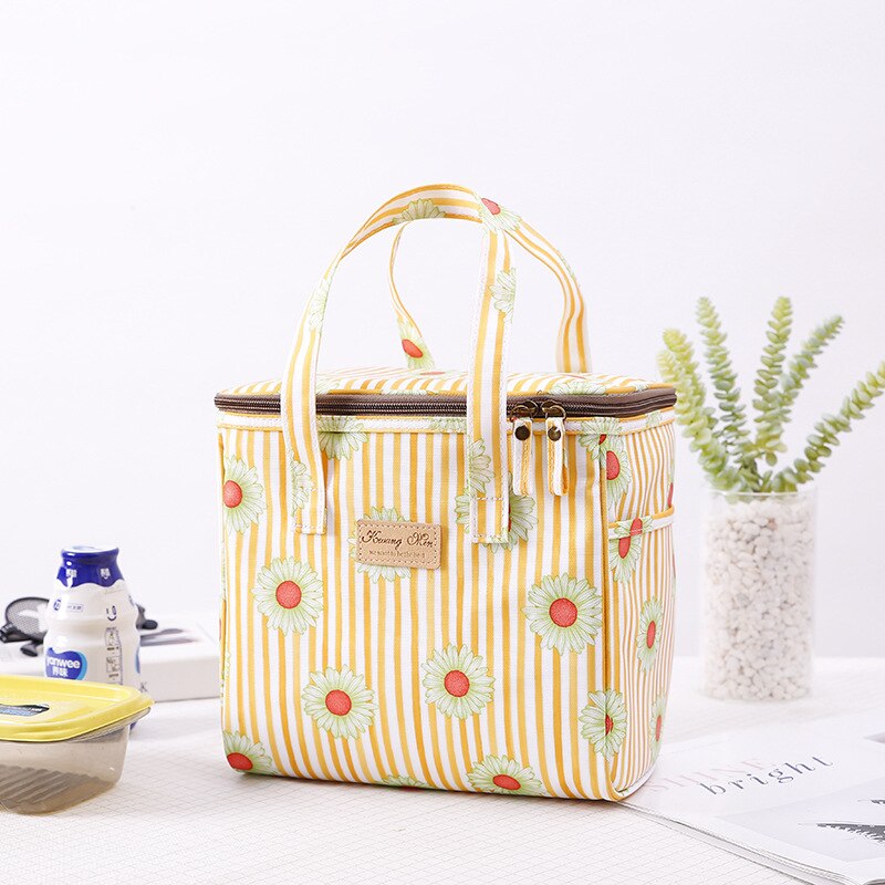 Bolsa de almuerzo portátil con dibujos animados para niños y mujeres, bolso enfriador de bento, bolsa térmica de flores para desayuno, caja de comida, bolso de viaje para picnic: 3
