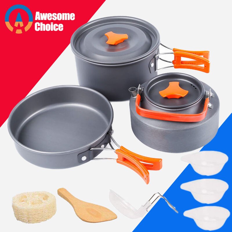 Kit d'ustensiles de cuisine pour le camping en extérieur, en aluminium, bouilloire à eau, casserole de voyage, randonnée pique-nique, barbecue BBQ, équipement de cuisson