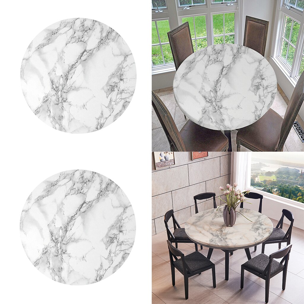 2-Pack Fitted Vinyl Table Cloth Round With Elastic Edge - Fits 47 Inch Tables (Black Marble)