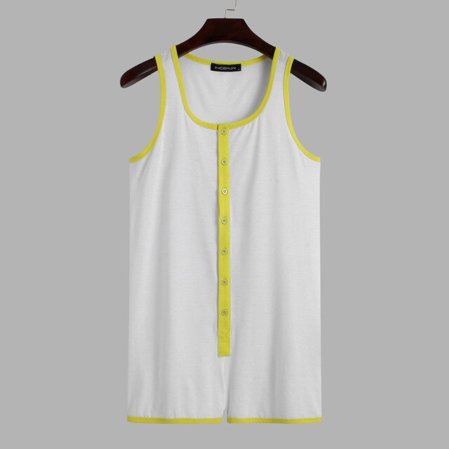 INCERUN Patchwork Onesies Casual Button Jumpsuit Sleepwear Men Sleeveless Romper Pajamas Summer Man Fitness Homewear 5XL: White / XXL
