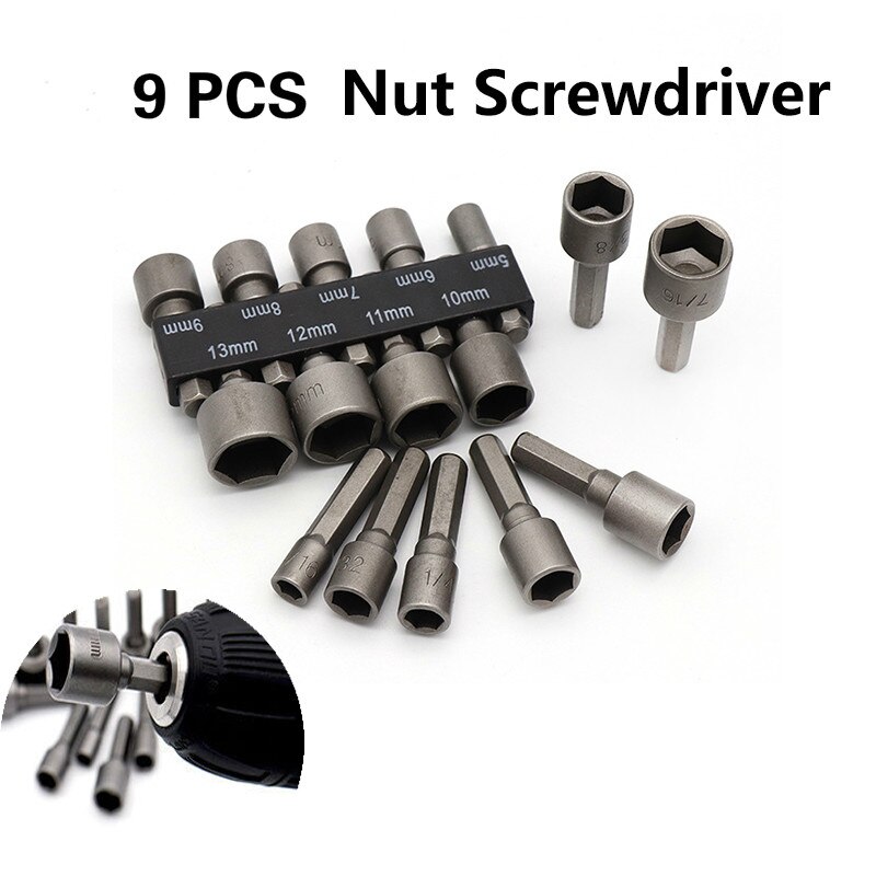 9 Pcs Set 5-13mm Nut Screwdriver Screwdriver Set Hexagon Socket Sleeve Nozzle Wrench Set Powerful Sleeve Drill Pow