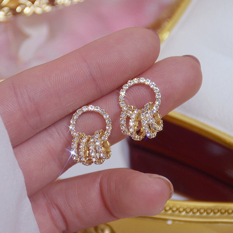 Korean Super Shining Buckle Circle Earrings for Women 14k Real Gold AAA Zirconia Stud Earring Birthday Brincos: Default Title