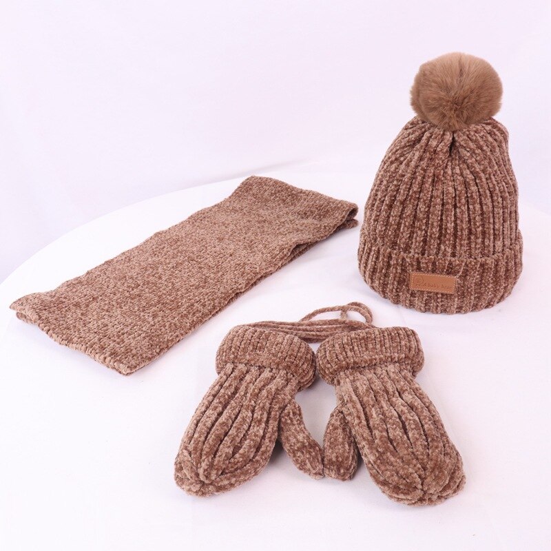 Barnelue skjerfhansker tredelt dress for menn og kvinner baby vinter tykk varm chenille ull lue: 7