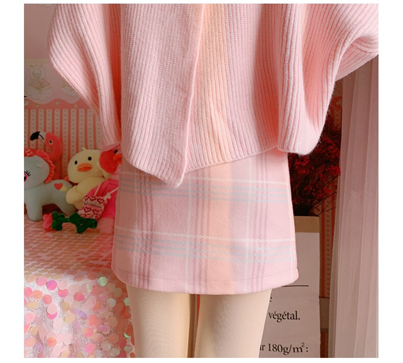 Vrouwen A-lijn Plaid Wollen Lace-Up Plisse Shorts Rok Preppy Stijl Schattige Japanse Herfst Roze Kawaii Hart Pocket Zoete rokken