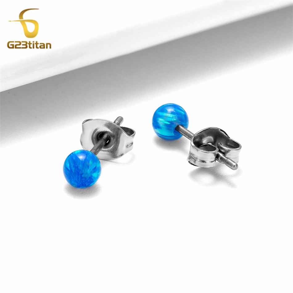 1 par de pendientes de ópalo de fuego, joyería hipoalergénica de titanio para Piercing en la oreja, pendientes simples de piedra de bola pequeña, accesorios para hombres y mujeres