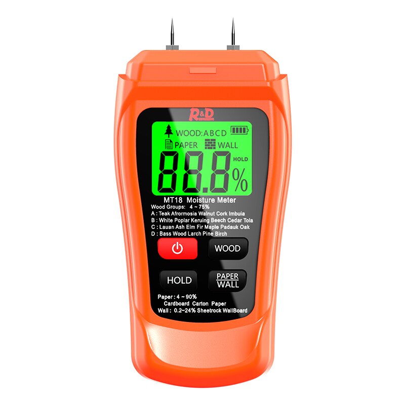 Medidor de humedad de madera, higrómetro de pared de papel, Detector de humedad de madera, probador de densidad de árbol gris, MT-18 R &amp; D,: Orange