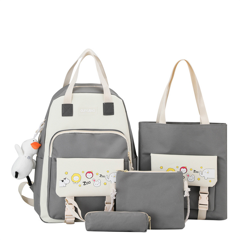 Qyahlybz 4 piece primary school student color matching bag middle school student backpack school children&#39;s girls backpacks: gray   with duck