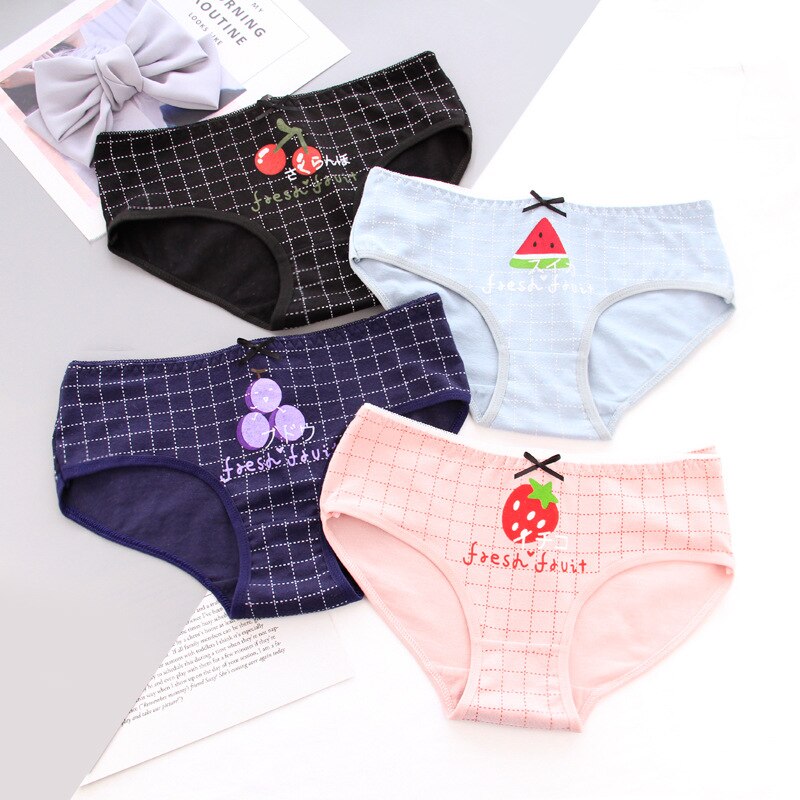 2/4 Sets Of Women's Cotton Underwear Fruit Pattern Bow Mid-Waist Comfortable And Breathable Youth Briefs