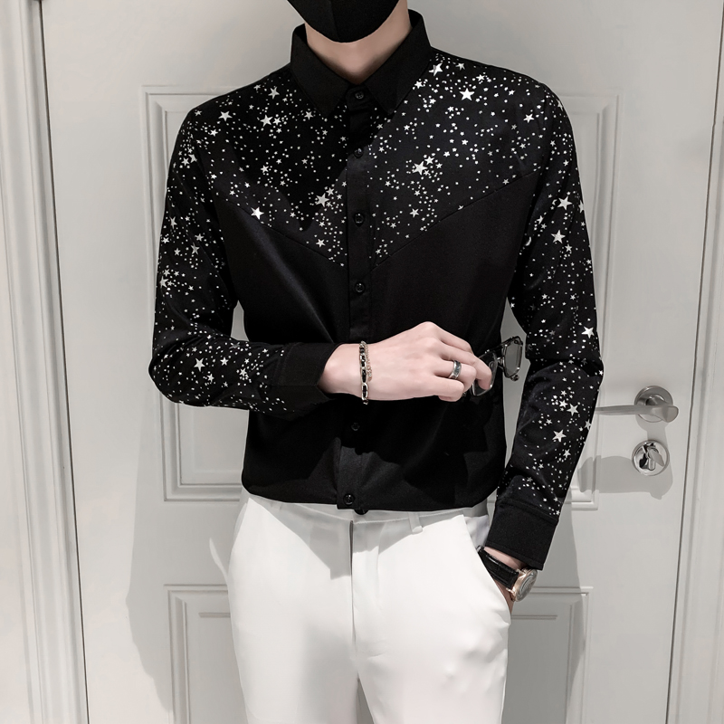 Star Printed Polka Dot Shirts Tops Men Long Sleeve Casual Male Silk Shirt Party Bar Slim Fit Floral Mens Clothing: Black / L 55-62kg