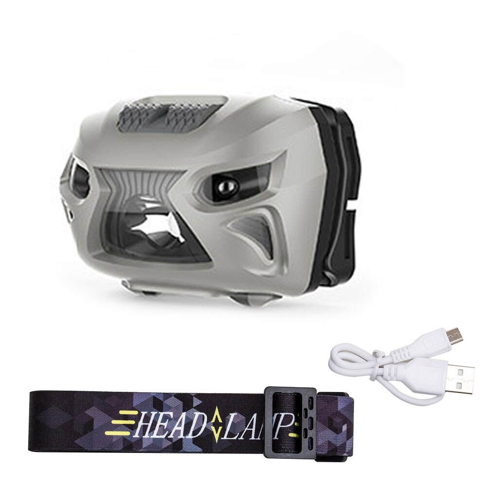 LED Sensor Headlamp USB Rechargeable Headlight Waterproof Head Light for Camping Cycling Fishing JHP-Best: Grey