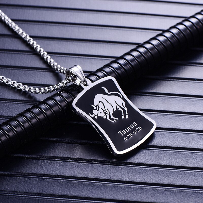 Zodiac sign 12 constellation pendant men necklace stainless steel male accessories gold simple silver necklace chain Square card