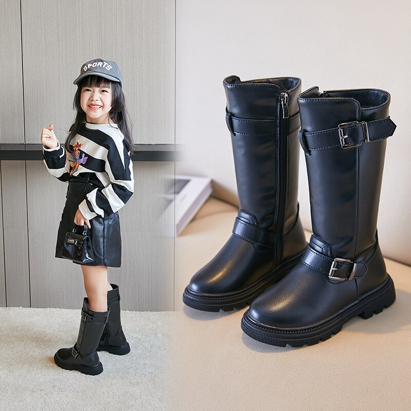 Stivali con plateau in PU per ragazze per matrimoni invernali 2022 stivali neri moda per bambini stivali alti traspiranti antiscivolo Chic 26-36 nuovo: Black / 26(inner 16cm)