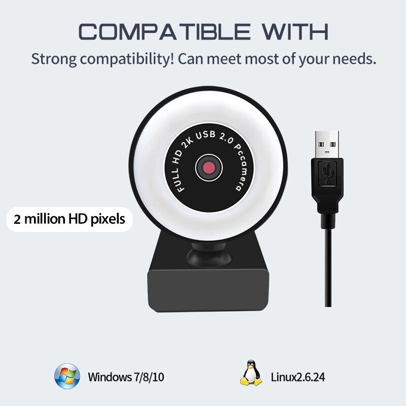 1080P / 2K Hd Usb 2.0 Autofocus Webcam Met Microfoon En Led Ring Licht Voor Desktop / Laptop / Computer Ondersteuning Windows 2000/Xp