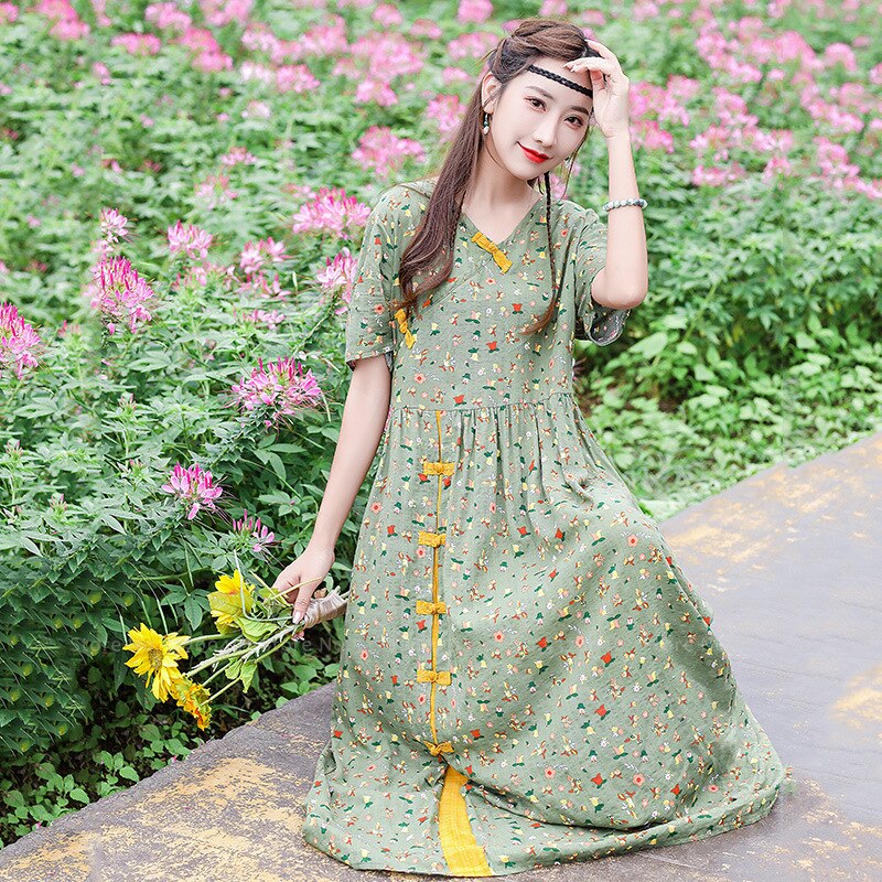 Qipao-Vestido largo informal con estampado Floral para mujer, vestido playero estilo chino Retro Cheongsam de Tailandia, para verano