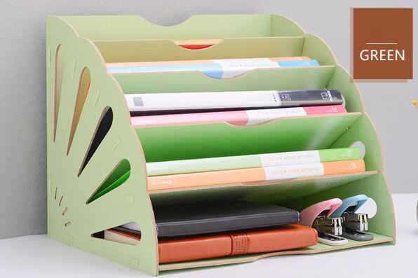 Large capacity office and arrangement shelf file rack multi-layer A4 document rack wooden desktop file storage: Green 1 PCS