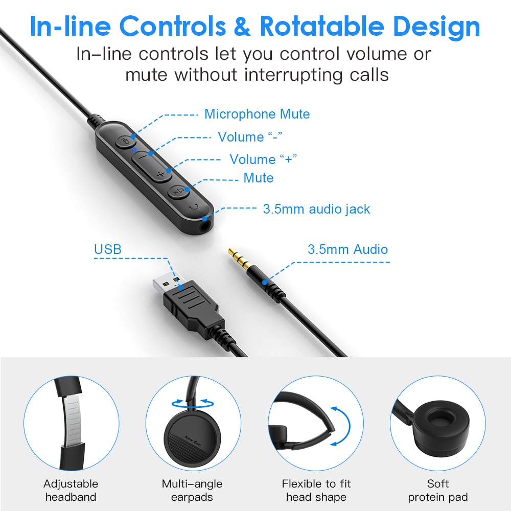 Bee – casque d&#39;écoute USB avec Microphone pour PC, 3.5mm, pour Business, avec micro, suppression de bruit, pour centres d&#39;appels,