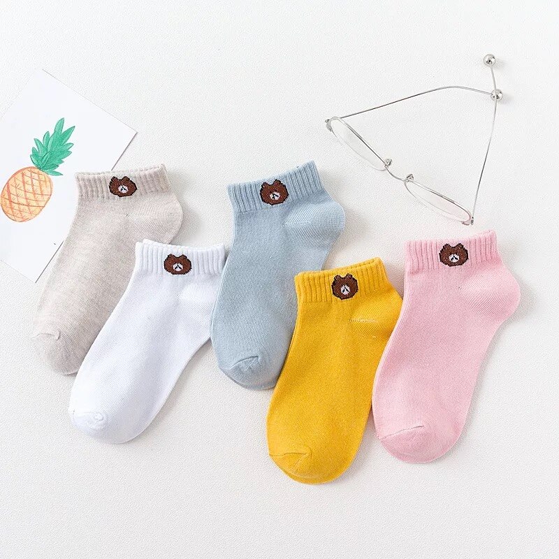 Ensemble de chaussettes pour femmes, fines, bleues, à carreaux, motif d'ours chat, Tube bas en coton, mignonnes chaussettes de sport pour filles, respirantes, d'équipage, Kawaii, printemps été: 12